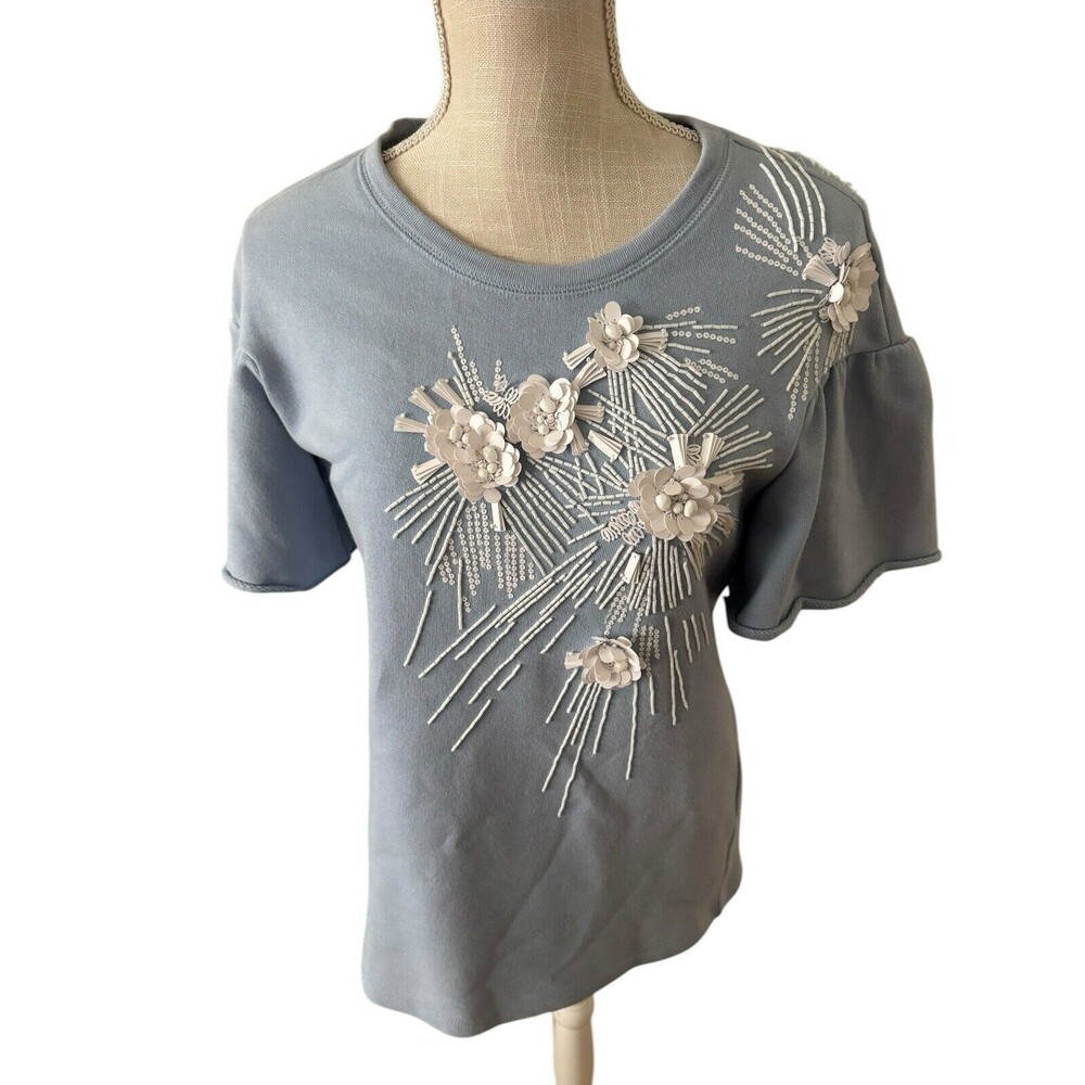 P.A.R.O.S.H. Blue Beaded Embroidered Flower Blouse Size Small‎